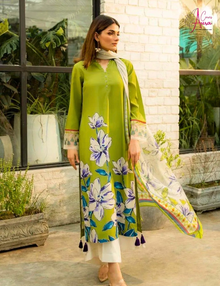 2 Pcs Women’s Stitched Premium Silk Printed Shirt &amp; Trouser – Lime Green