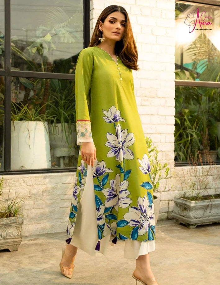 2 Pcs Women’s Stitched Premium Silk Printed Shirt &amp; Trouser – Lime Green