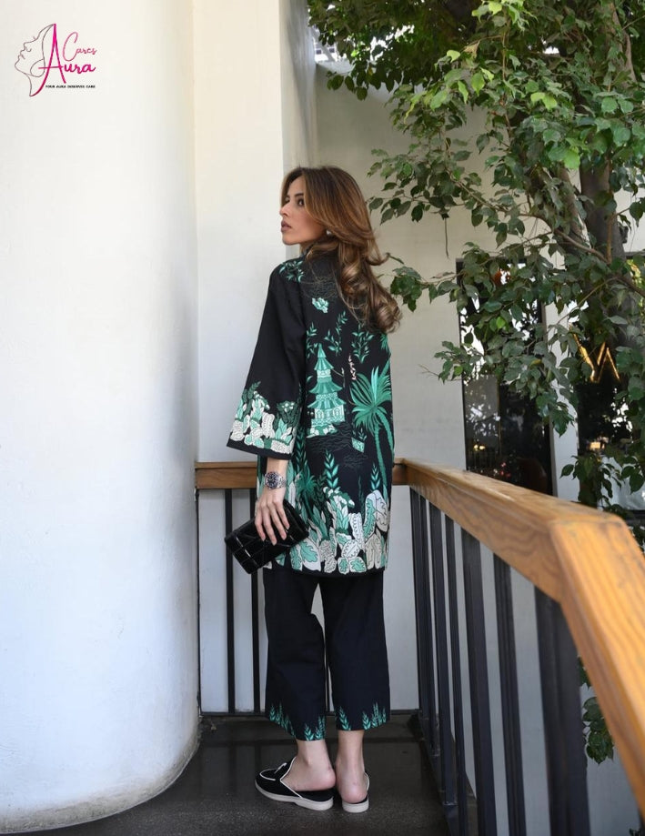 2 Pcs Women’s Stitched Printed Co-Ord Set – Black Swiss Lawn