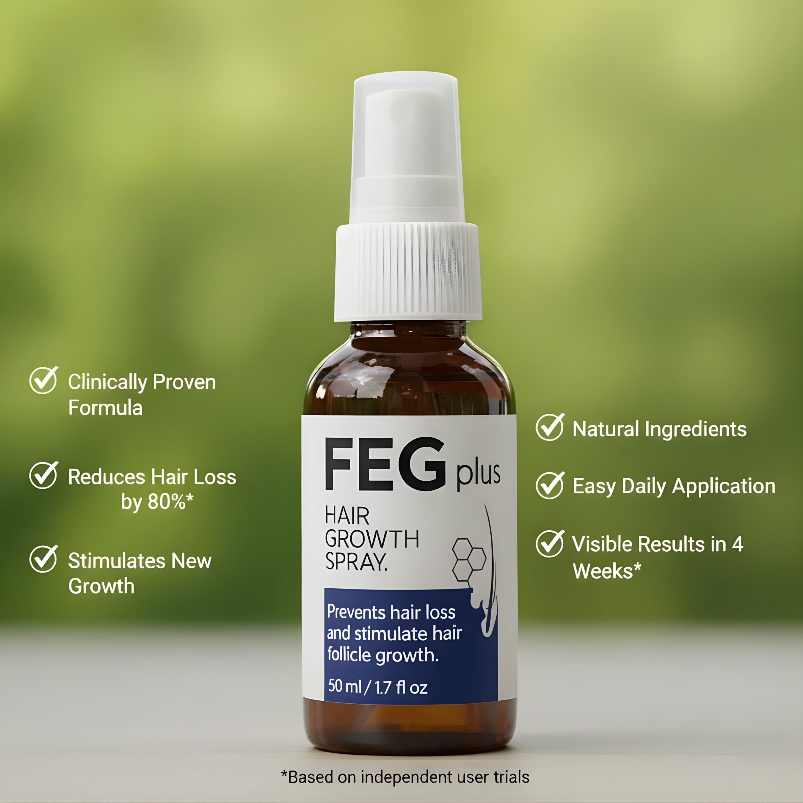 FEG Plus Hair Regrowth Spray against hair loss with natural background