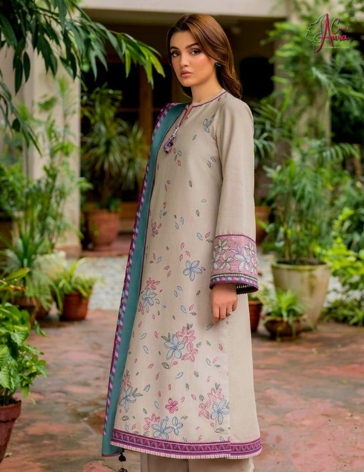 3 Pcs Women’s Unstitched Dhanak Embroidered Suit – Grey Winter Collection