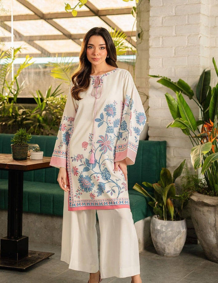 2 Pcs Women’s Stitched Swiss Voile Printed Co-Ord Set – White