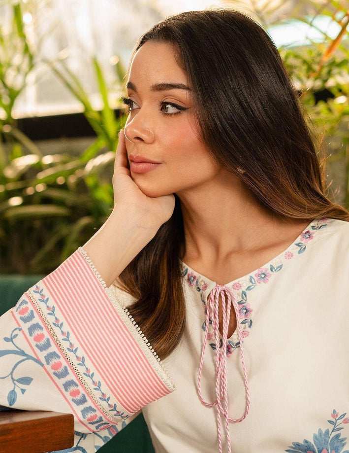 2 Pcs Women’s Stitched Swiss Voile Printed Co-Ord Set – White