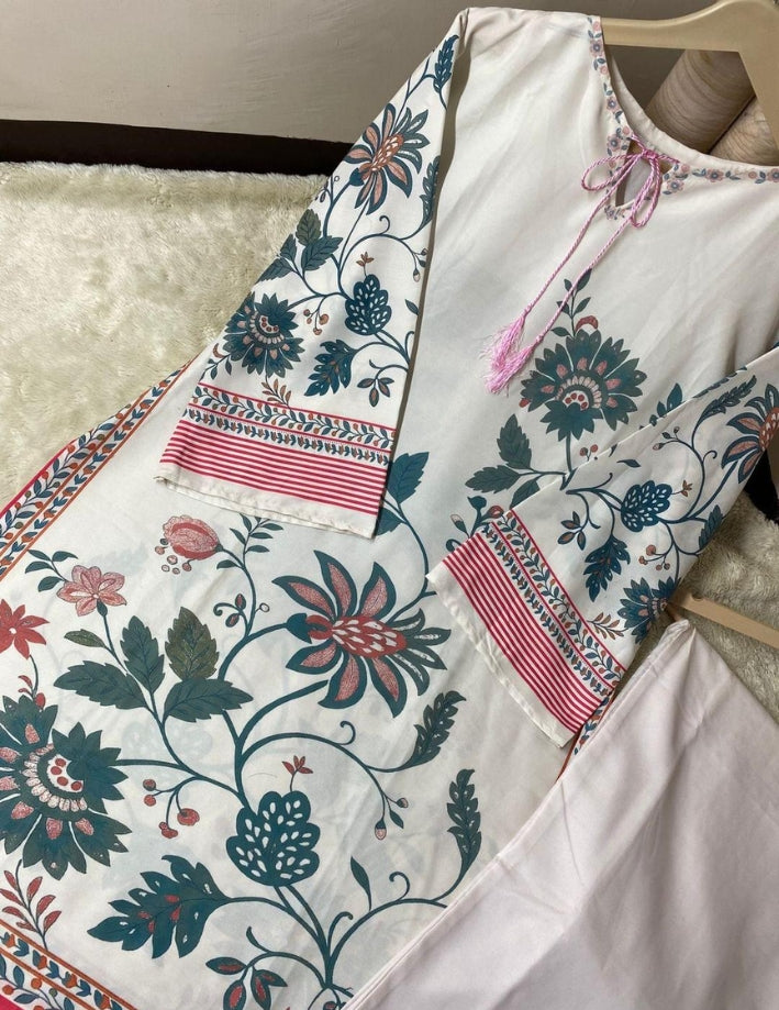 2 Pcs Women’s Stitched Swiss Voile Printed Co-Ord Set – White