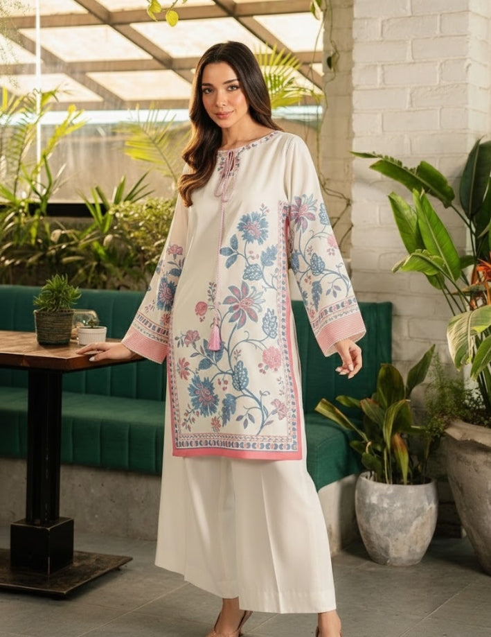 2 Pcs Women’s Stitched Swiss Voile Printed Co-Ord Set – White