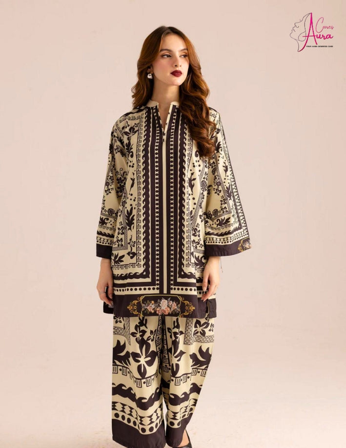 2-Piece Women’s Stitched Swiss Lawn Printed Suit – Black Elegance