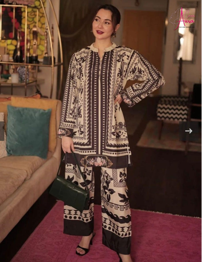 2-Piece Women’s Stitched Swiss Lawn Printed Suit – Black Elegance