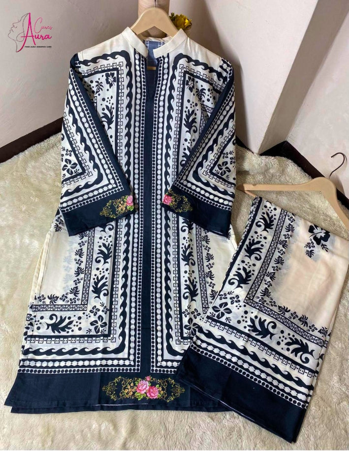 2-Piece Women’s Stitched Swiss Lawn Printed Suit – Black Elegance