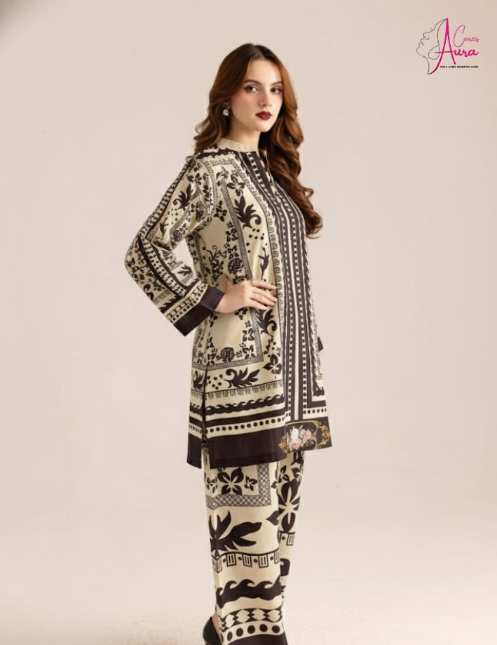 2-Piece Women’s Stitched Swiss Lawn Printed Suit – Black Elegance