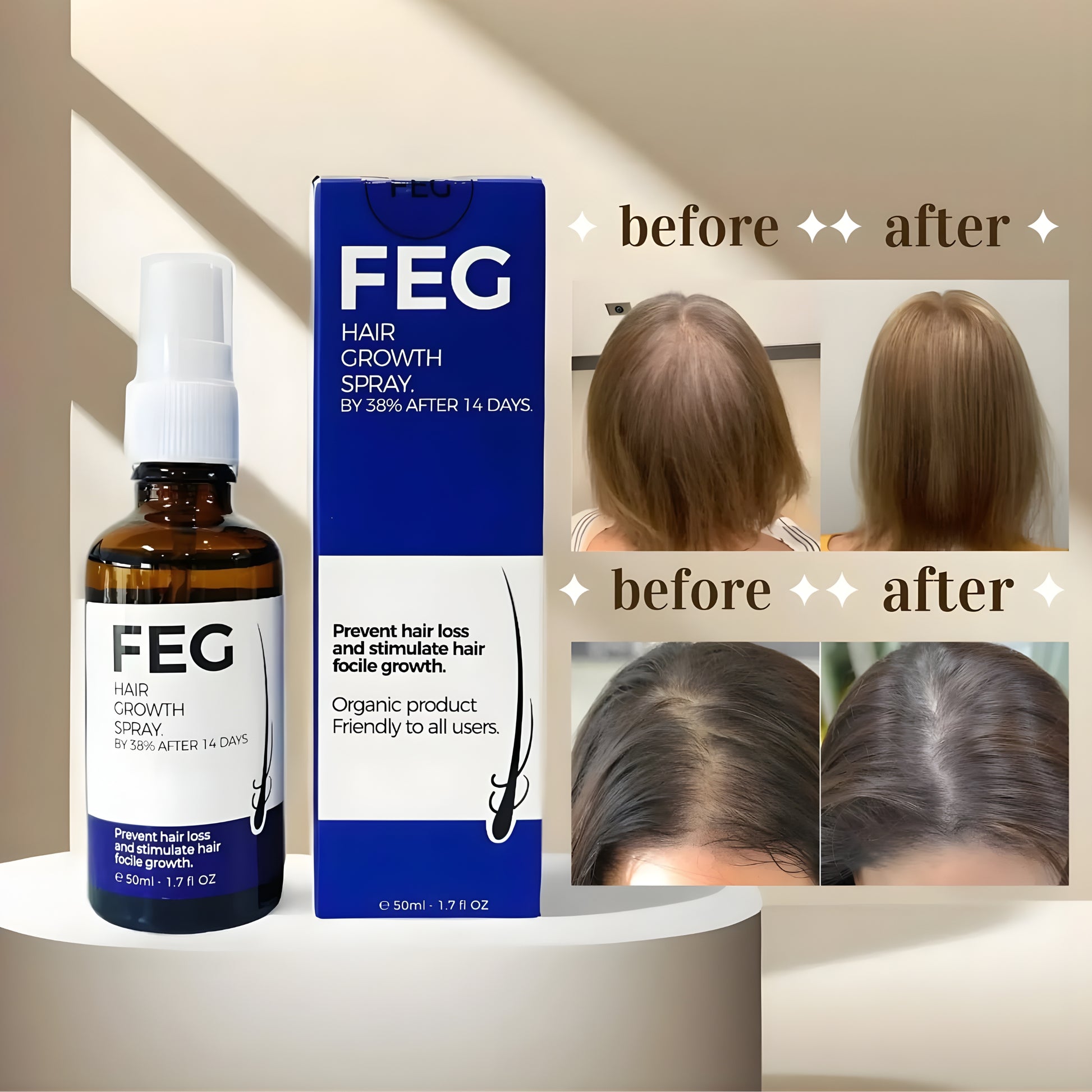 FEG Plus Hair Regrowth Spray with before and after hair regrowth results