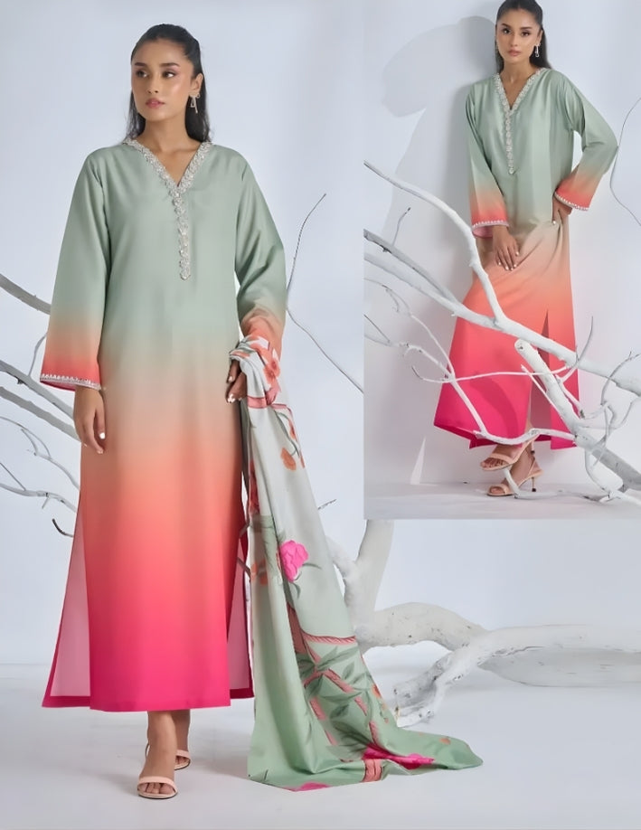 Women’s 3 Pcs Tie & Dye Stitched Lawn Suit – Digital Printed Long Kurta with Lace Work