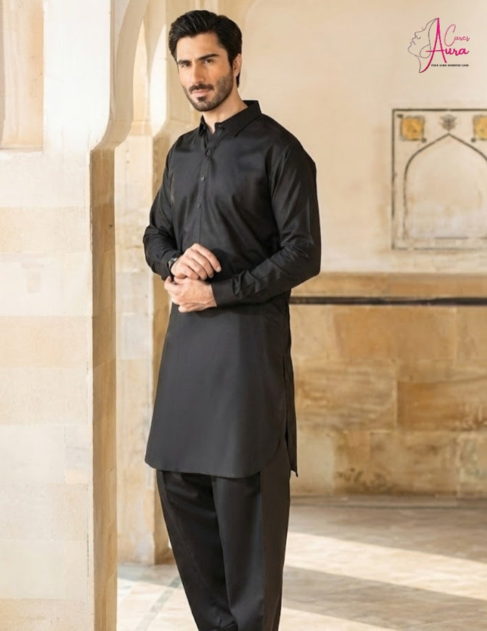 Men’s Black Boski Shalwar Kameez, Premium Traditional Wear