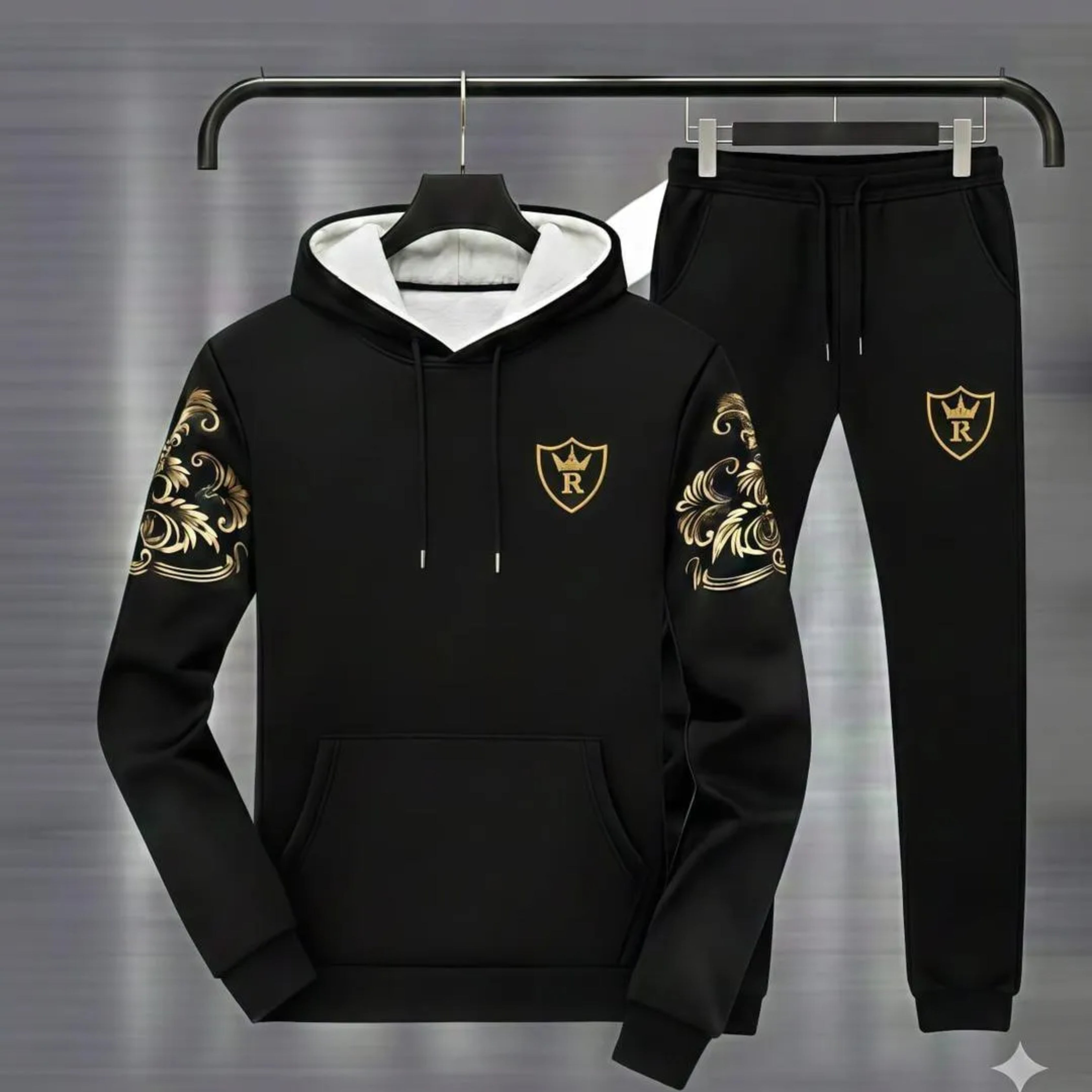 Royal Crest Printed Hoodie Track Suit – Premium Fleece 2-Pcs Set for Men