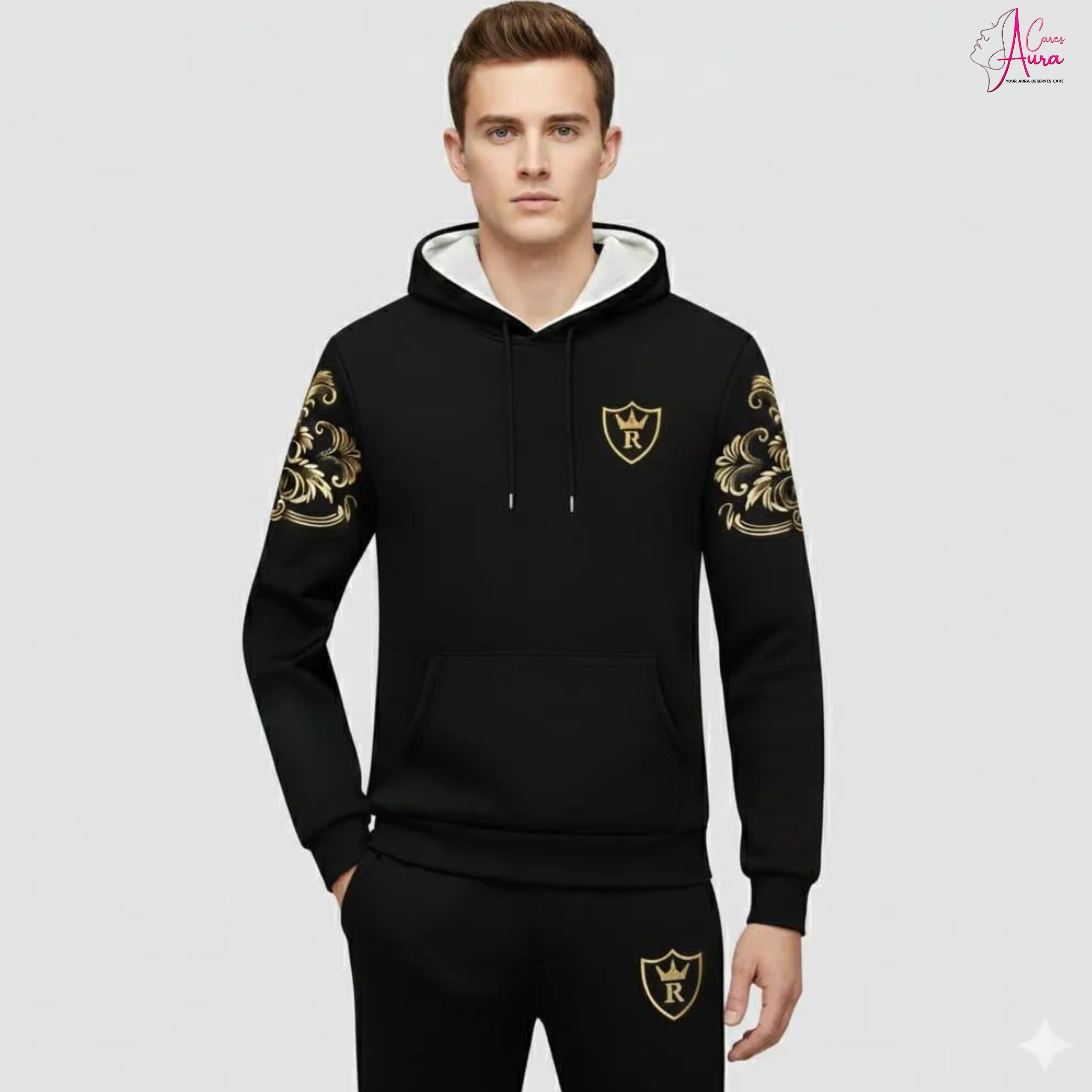 Royal Crest Printed Hoodie Track Suit – Premium Fleece 2-Pcs Set for Men
