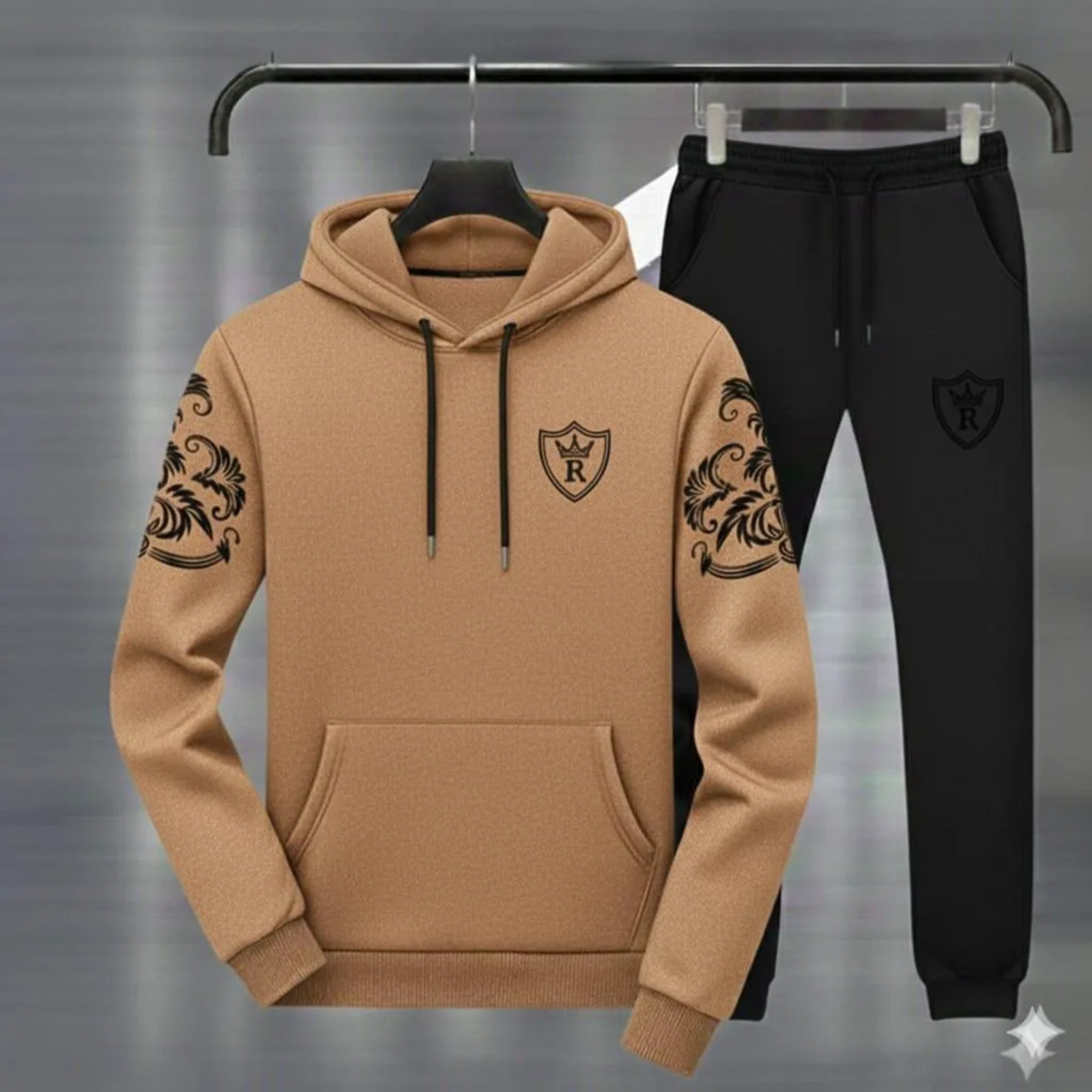 Royal Crest Printed Hoodie Track Suit – Premium Fleece 2-Pcs Set for Men