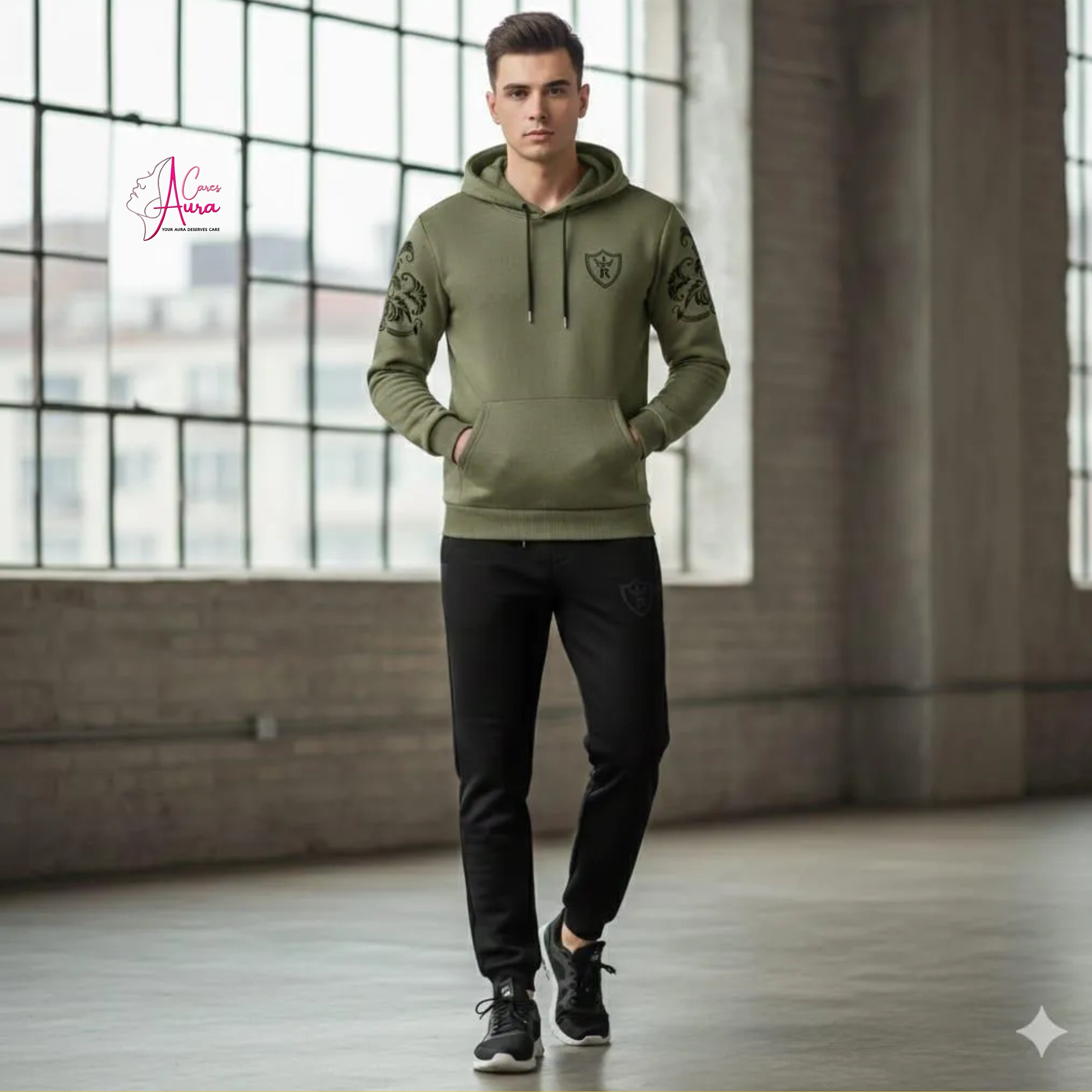 Royal Crest Printed Hoodie Track Suit – Premium Fleece 2-Pcs Set for Men