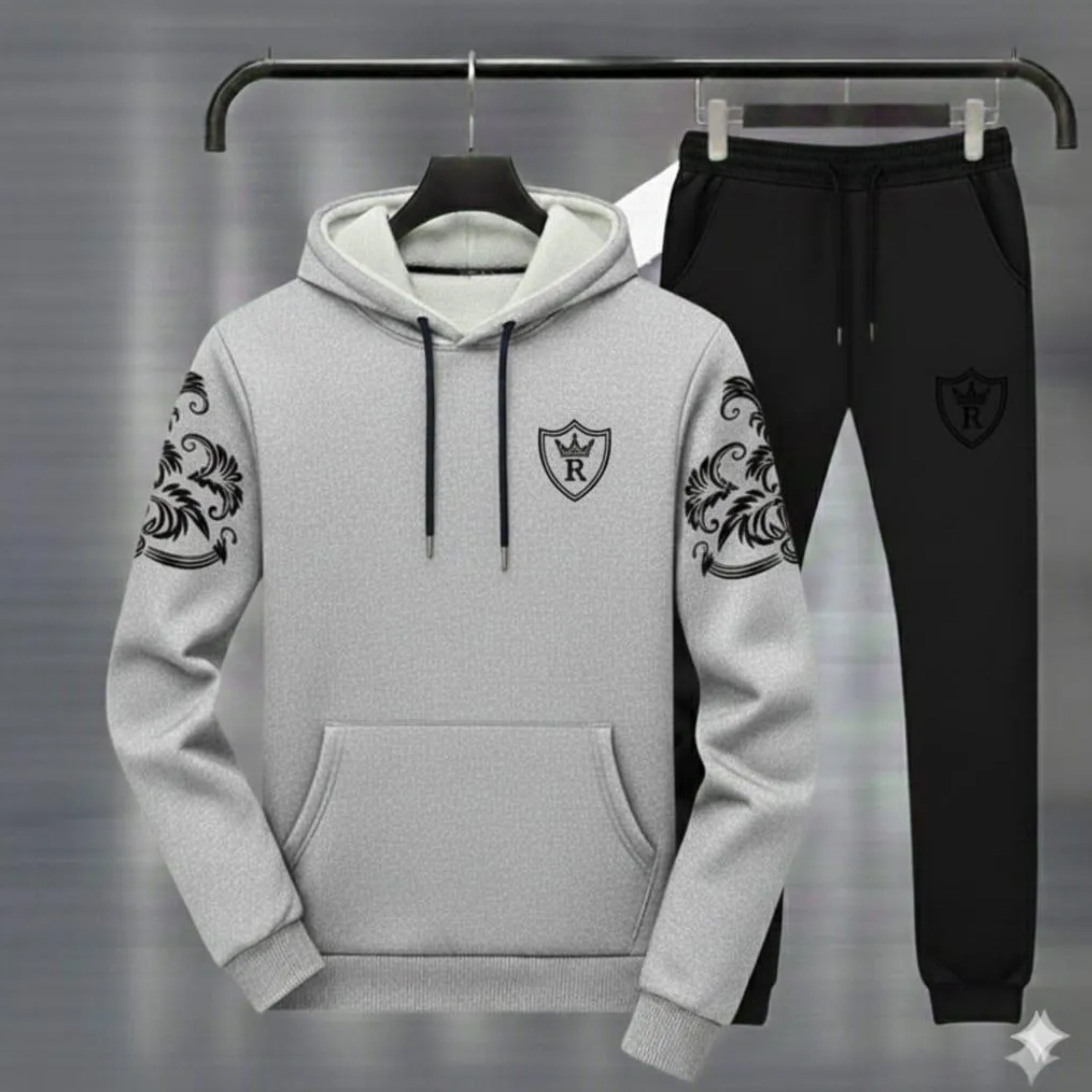 Royal Crest Printed Hoodie Track Suit – Premium Fleece 2-Pcs Set for Men
