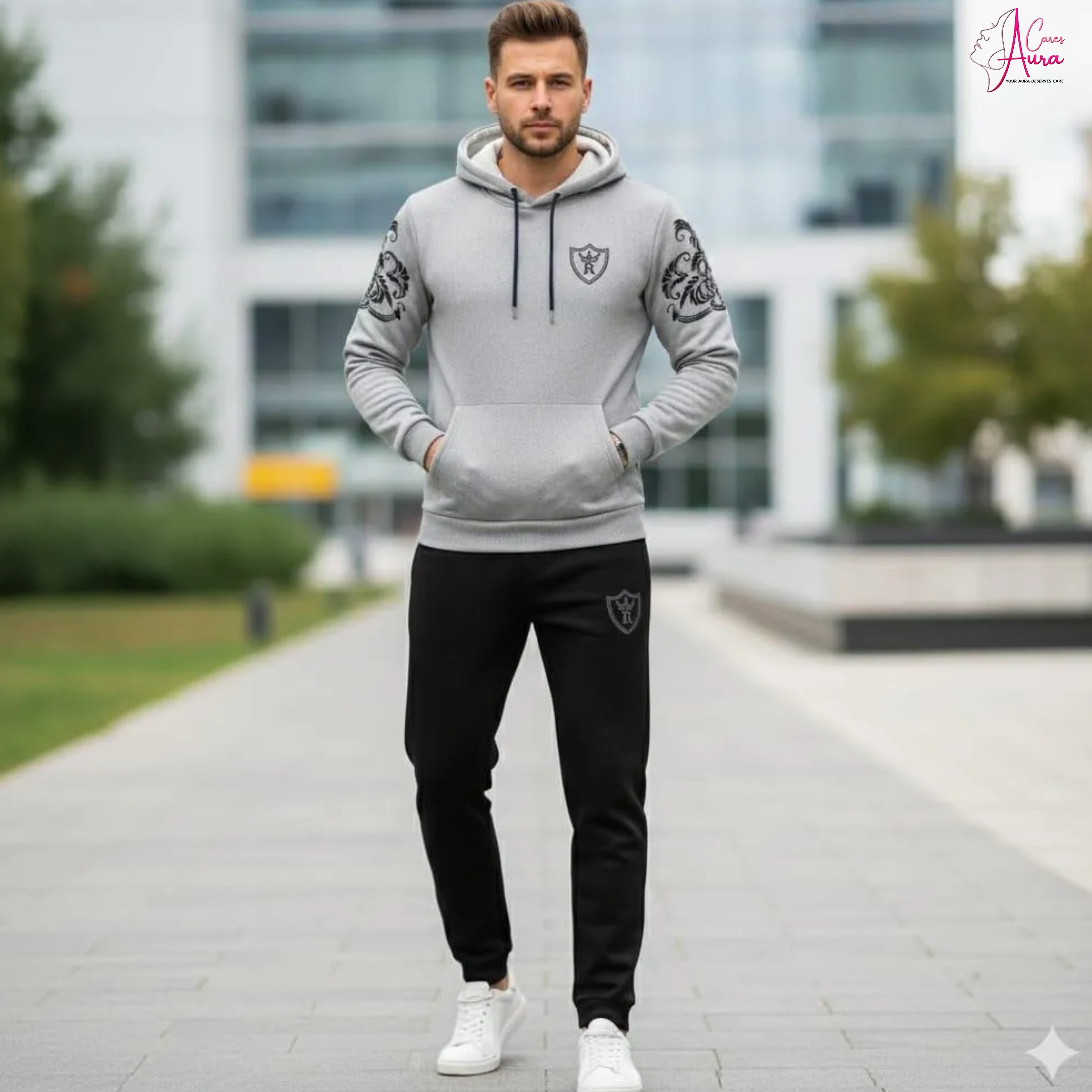 Royal Crest Printed Hoodie Track Suit – Premium Fleece 2-Pcs Set for Men