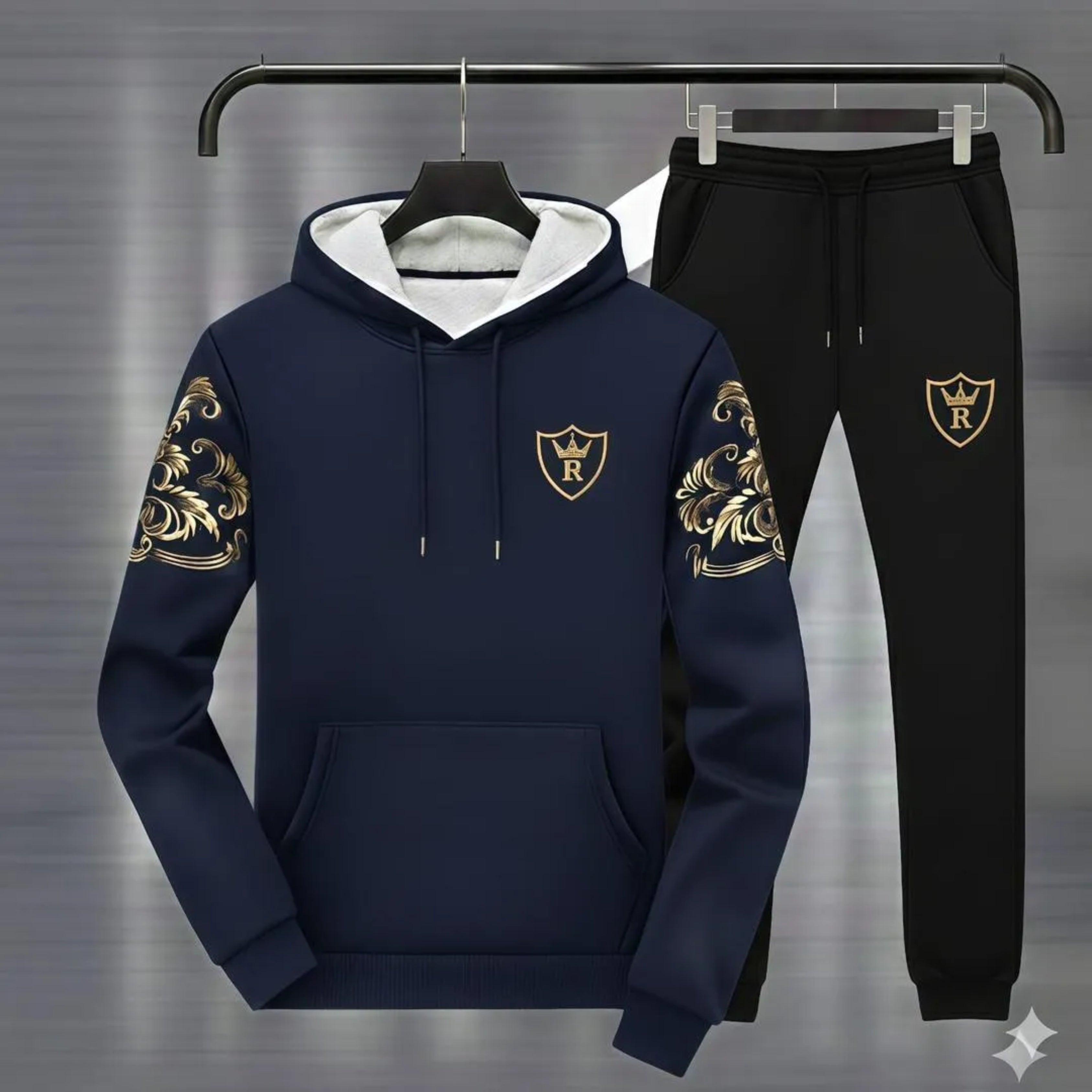 Royal Crest Printed Hoodie Track Suit – Premium Fleece 2-Pcs Set for Men