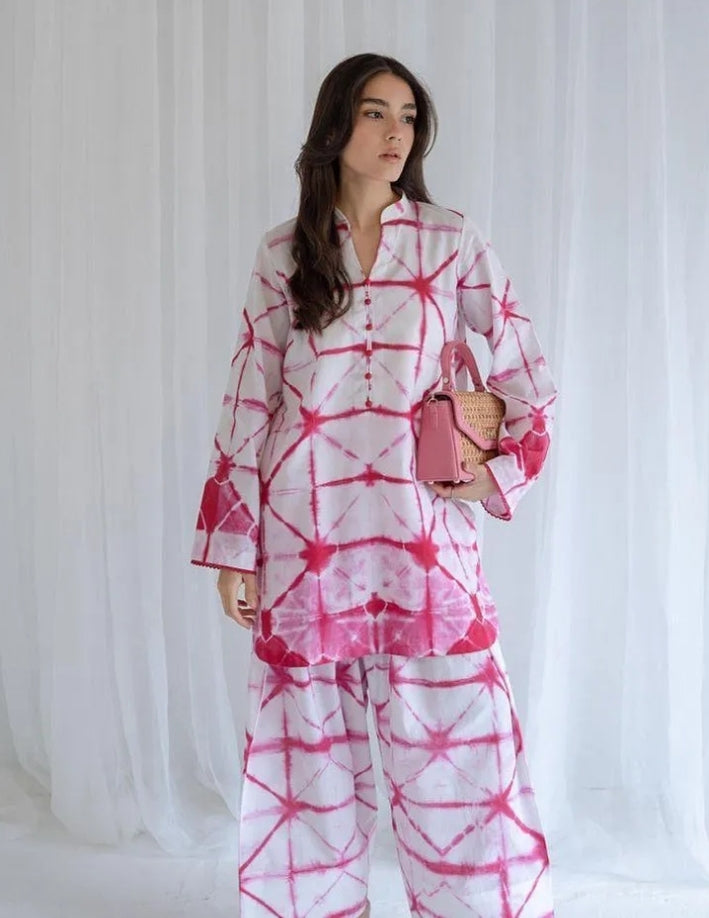 Pink Swiss Lawn Printed Co-Ord Set for Women | 2-Piece V-Neck Shirt &amp; Trouser | Casual &amp; Everyday Wear