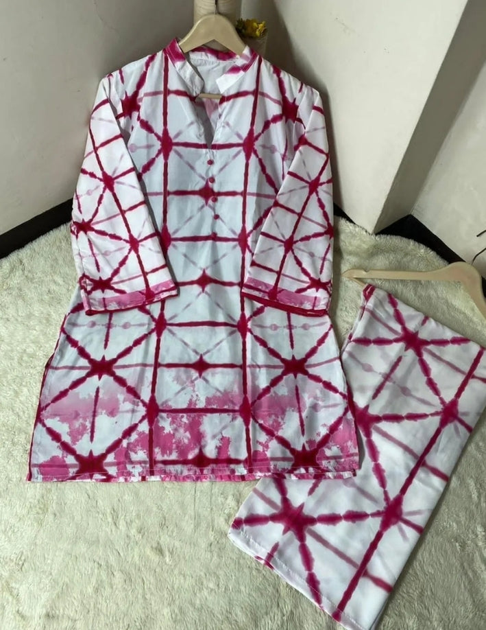 Pink Swiss Lawn Printed Co-Ord Set for Women | 2-Piece V-Neck Shirt &amp; Trouser | Casual &amp; Everyday Wear