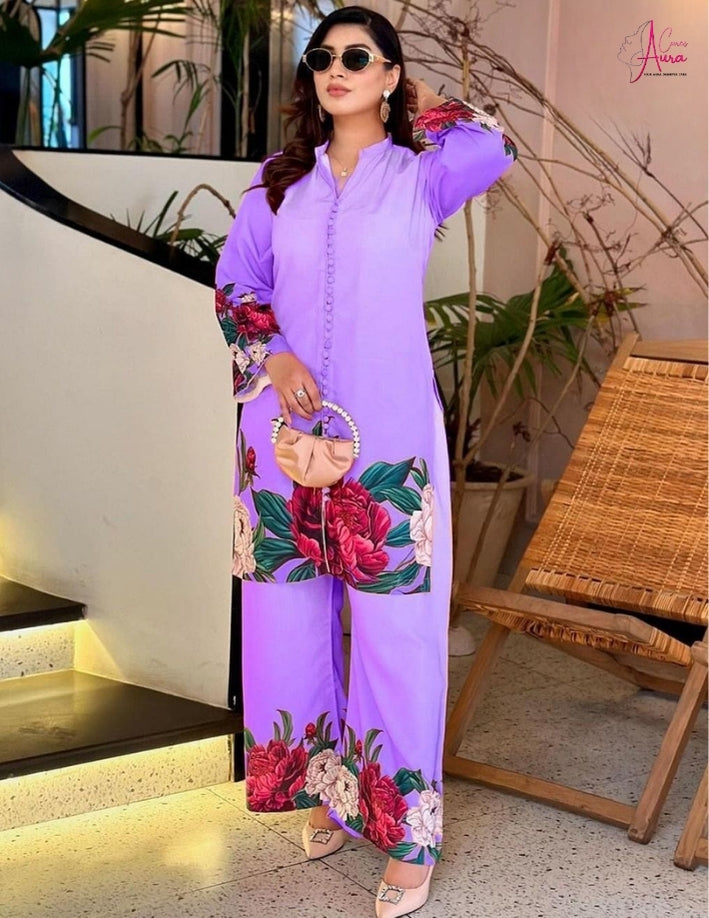 Women Floral Printed Silk Co-Ord Set – Premium Shamose Silk 2-Piece Stitched Outfit