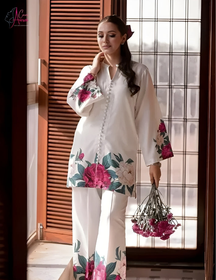 Women Floral Printed Silk Co-Ord Set – Premium Shamose Silk 2-Piece Stitched Outfit