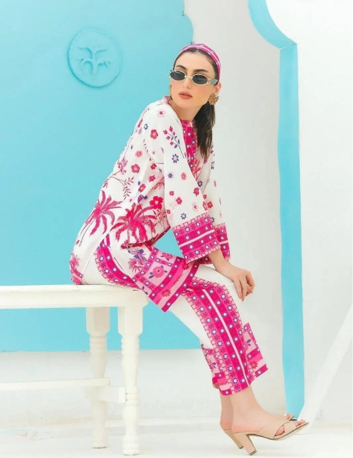 2 Pcs Women’s Stitched Swiss Lawn Printed Shirt & Trouser – Pink Summer Co-Ord Set