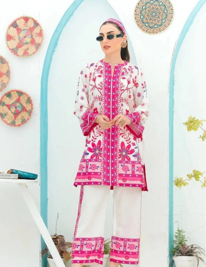 2 Pcs Women’s Stitched Swiss Lawn Printed Shirt & Trouser – Pink Summer Co-Ord Set
