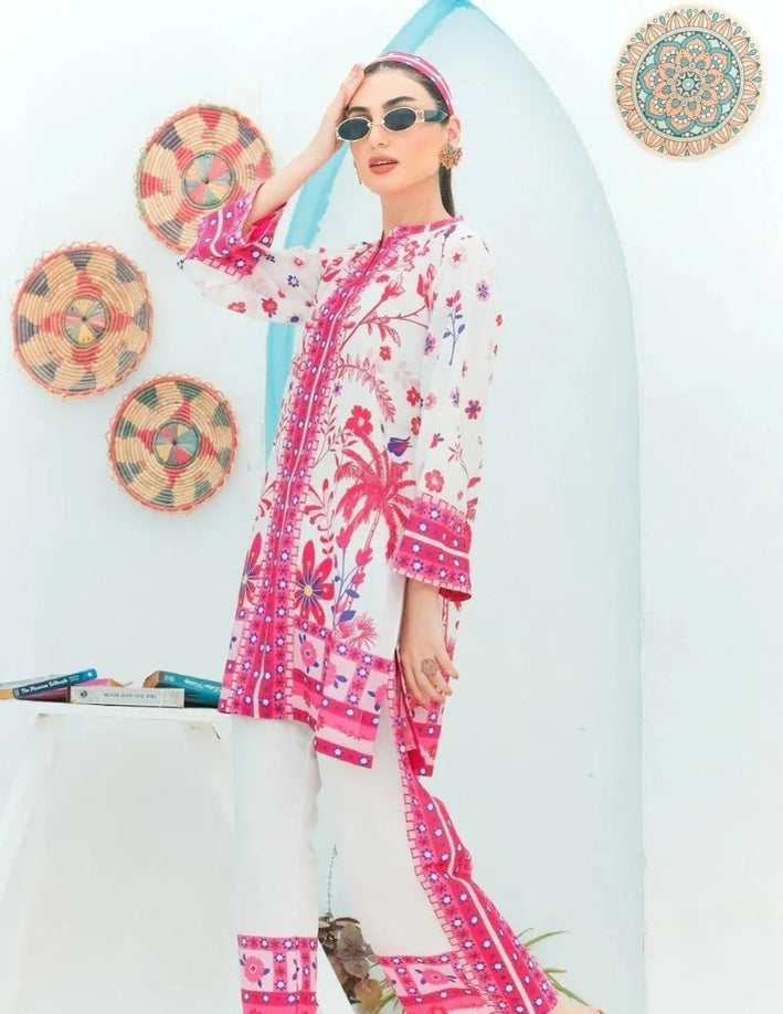 2 Pcs Women’s Stitched Swiss Lawn Printed Shirt & Trouser – Pink Summer Co-Ord Set