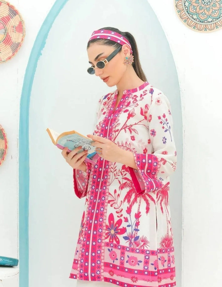 2 Pcs Women’s Stitched Swiss Lawn Printed Shirt & Trouser – Pink Summer Co-Ord Set