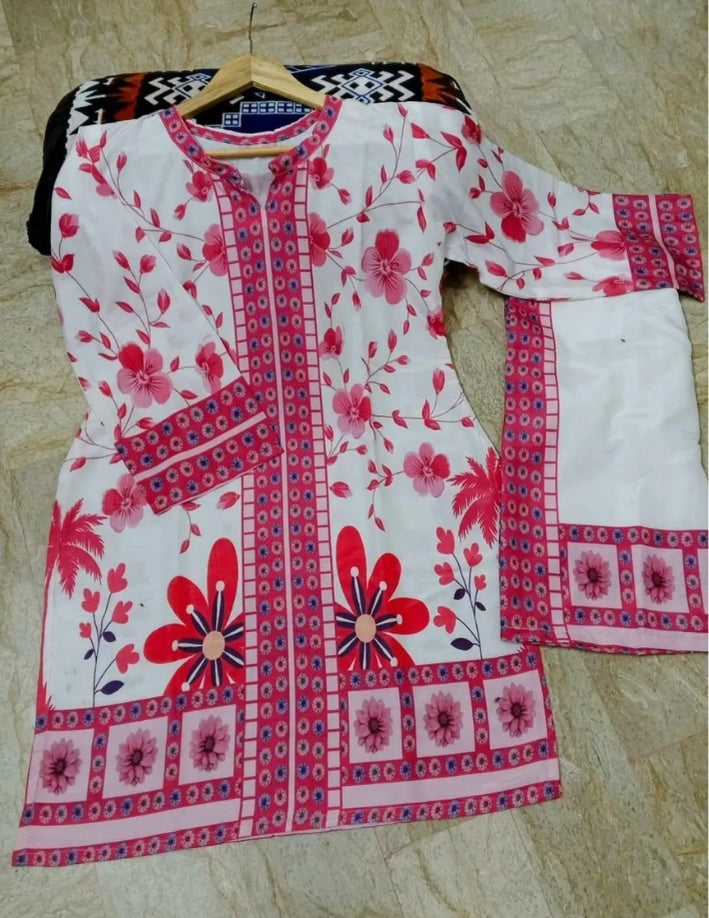 2 Pcs Women’s Stitched Swiss Lawn Printed Shirt & Trouser – Pink Summer Co-Ord Set