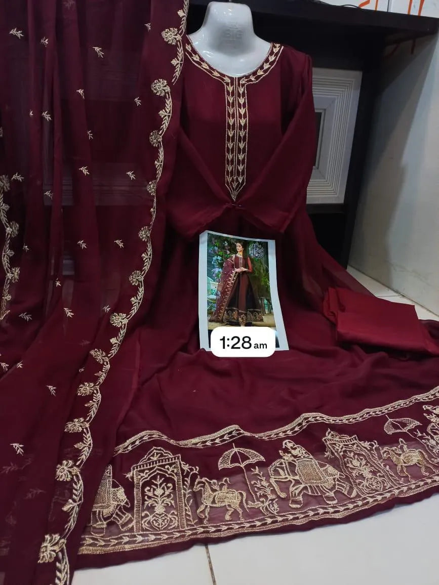 Shahi Border Heavy Embroidered Chiffon Maxi 3 Pcs – Party & Wedding Wear Designer Suit