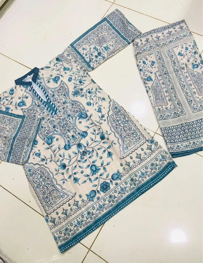 2 Pcs Women’s Stitched Swiss Lawn Printed Co-Ord Set – Multicolor Casual Wear