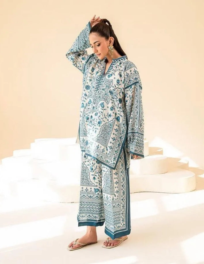 2 Pcs Women’s Stitched Swiss Lawn Printed Co-Ord Set – Multicolor Casual Wear