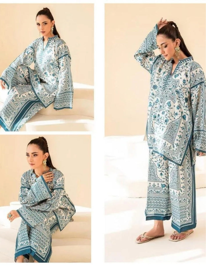 2 Pcs Women’s Stitched Swiss Lawn Printed Co-Ord Set – Multicolor Casual Wear