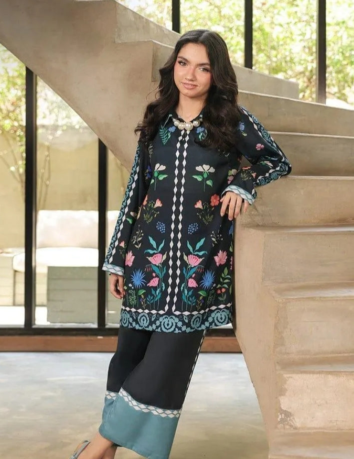 2 Pcs Women’s Swiss Lawn Printed Co-Ord Set – Blue Casual Wear