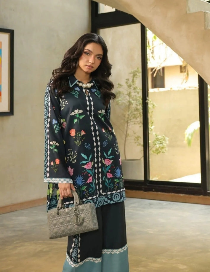 2 Pcs Women’s Swiss Lawn Printed Co-Ord Set – Blue Casual Wear