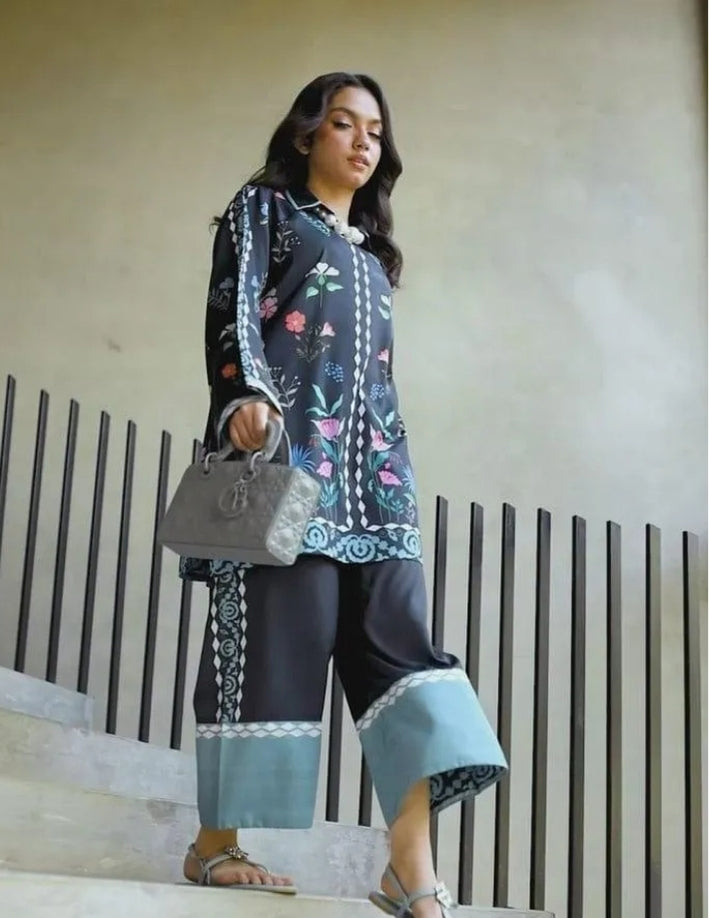 2 Pcs Women’s Swiss Lawn Printed Co-Ord Set – Blue Casual Wear