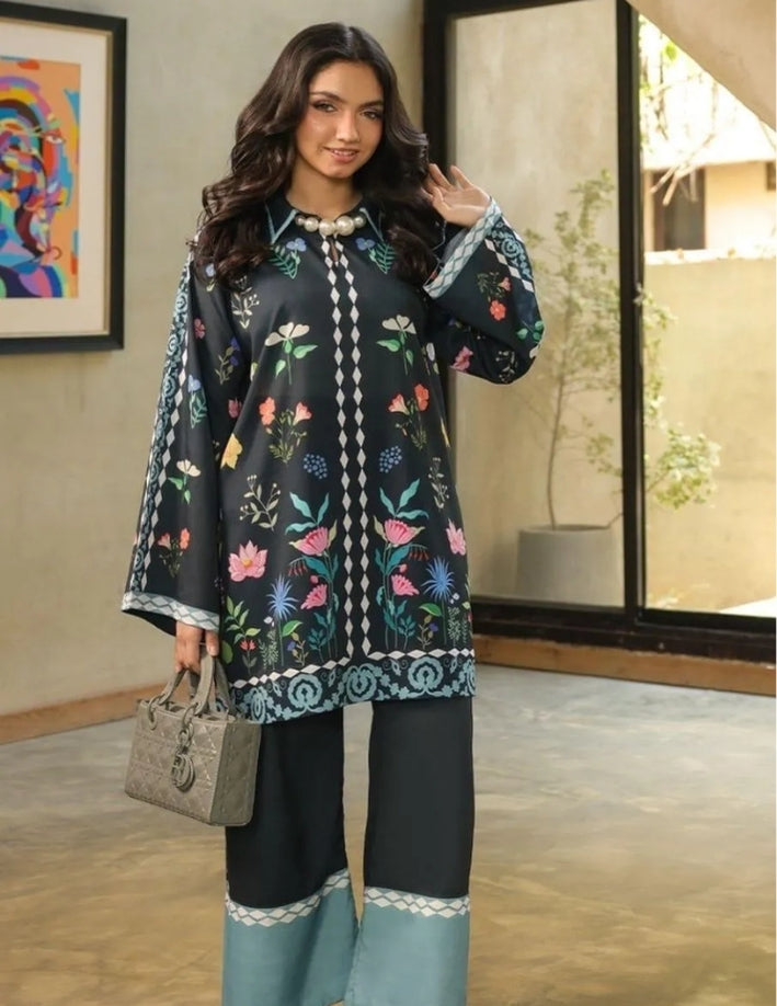 2 Pcs Women’s Swiss Lawn Printed Co-Ord Set – Blue Casual Wear