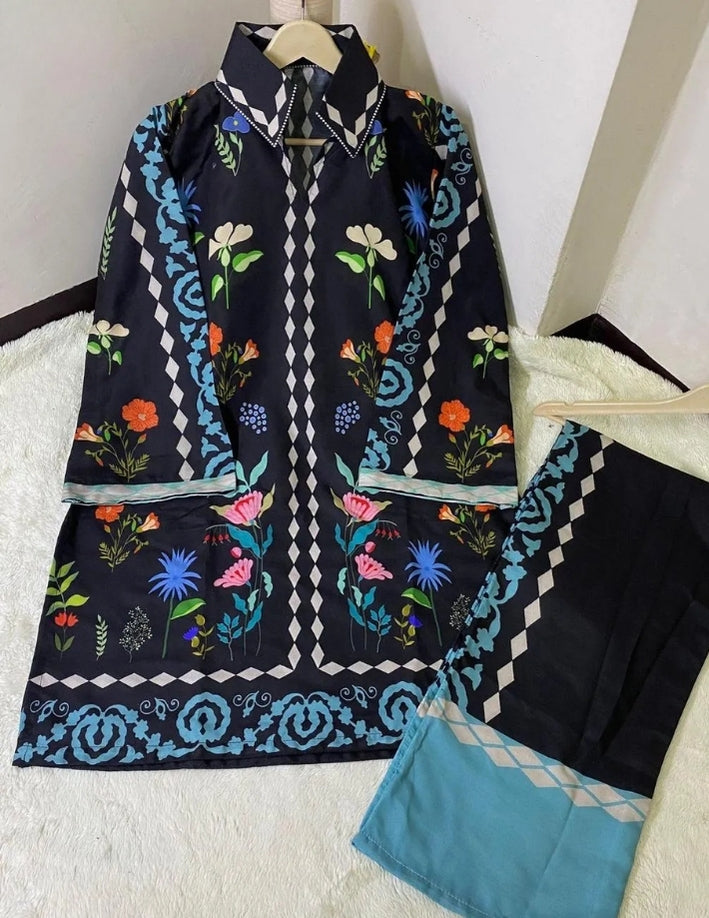 2 Pcs Women’s Swiss Lawn Printed Co-Ord Set – Blue Casual Wear